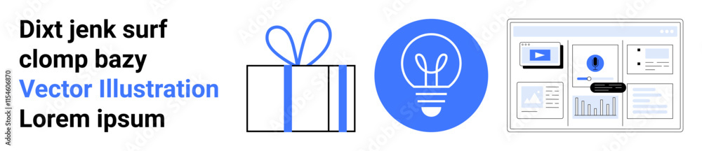 Gift box, lightbulb icon, website screens on device interface. Ideal for creativity, innovation, marketing, presentation, web design business strategy technology advancement. Landing page Gift box, lightbulb icon, website screens on device interface. Ideal for creativity, innovation, marketing, presentation, web design business strategy technology advancement. Landing page