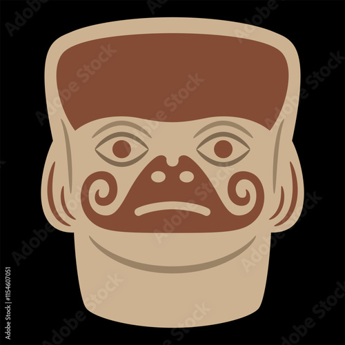 Stylized human head. Native American art of Moche Indians of ancient Peru. Mochica ethnic mask. On black background.
