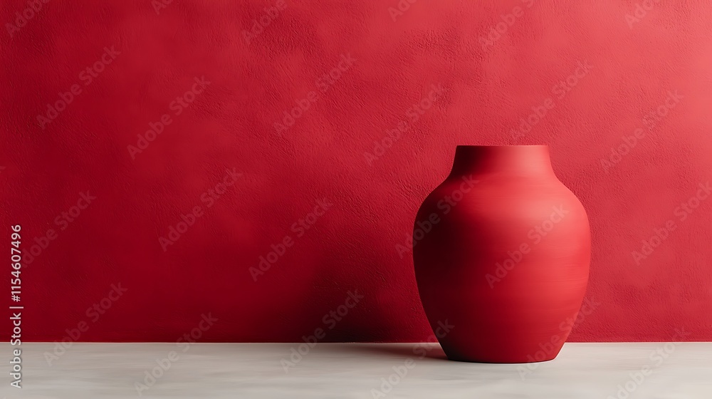 Red vase on white surface against red wall. Red vase on white surface against red wall.