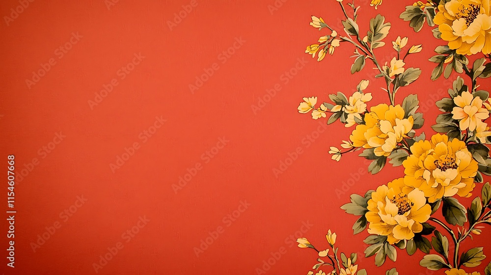 Red background with yellow floral design, copy space. Red background with yellow floral design, copy space.