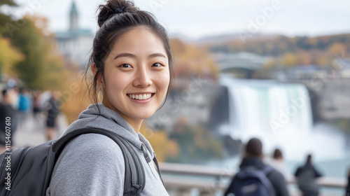 Korean tourist woman traveling and enjoying vacation at Niagara Falls