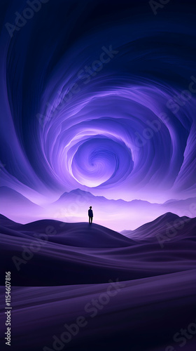 Silhouette person gazing at purple swirling vortex over misty desert landscape, digital art, website banner.
