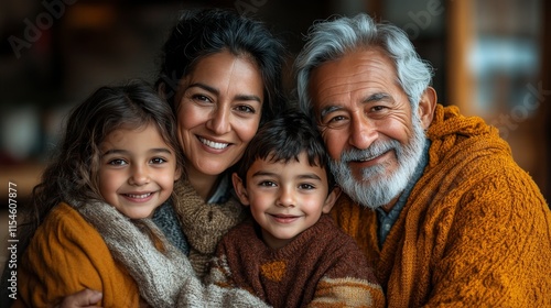 Diverse family smiling together: parents, kids, and grandparents of different cultures in a cozy home setting
