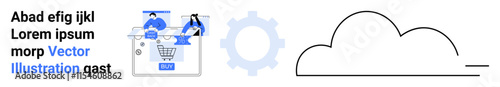 E-commerce team working on a laptop, shopping cart icon, gear, and a cloud outline. Ideal for digital marketing, online business, teamwork, collaboration, software development cloud technology