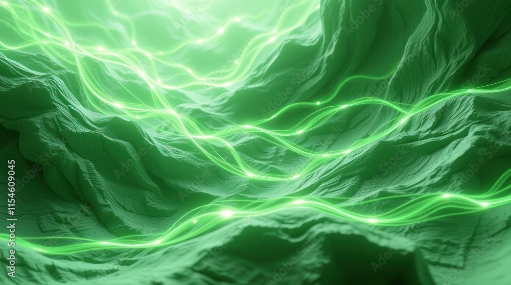 A vibrant green abstract landscape with flowing light patterns. A vibrant green abstract landscape with flowing light patterns.