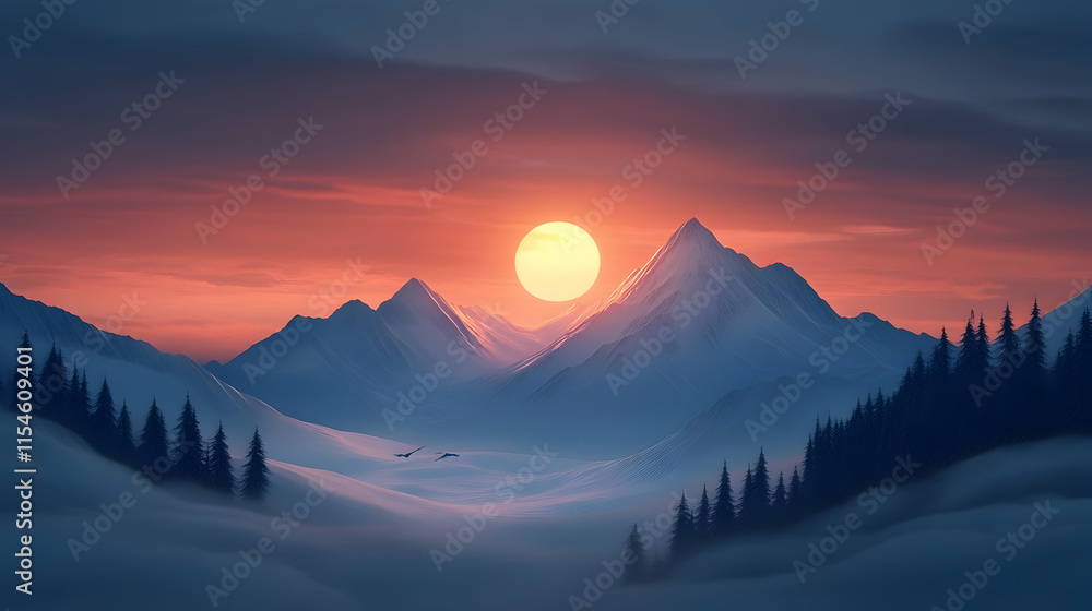 Snowy mountain sunset landscape; winter scene; digital art; nature background; website banner. Snowy mountain sunset landscape; winter scene; digital art; nature background; website banner.