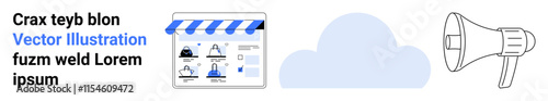 Online store layout with product images next to a cloud icon, and a megaphone representing digital marketing. Ideal for e-commerce, cloud computing, online promotion, marketing strategies, business