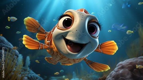 Adorable cartoon fish swimming underwater.