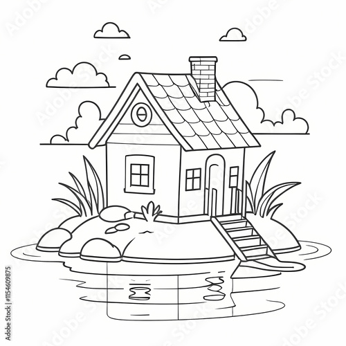 cute house in lake colloring page for kids.