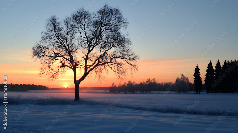 Solitary tree sunrise winter landscape, snowy field, tranquil background, nature serenity postcard. Solitary tree sunrise winter landscape, snowy field, tranquil background, nature serenity postcard.