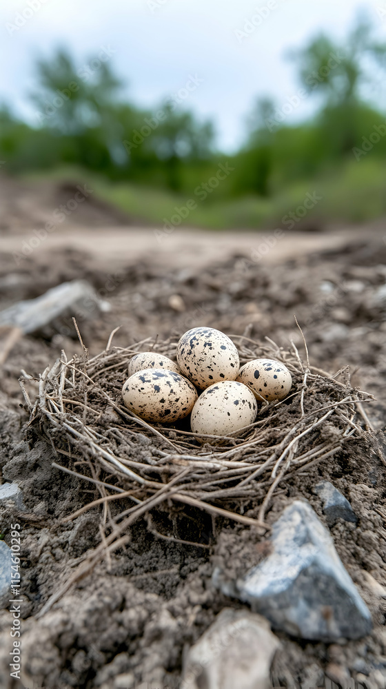 Spotted bird eggs nestled in ground nest, rural path background, nature photography, wildlife conservation. Spotted bird eggs nestled in ground nest, rural path background, nature photography, wildlife conservation.