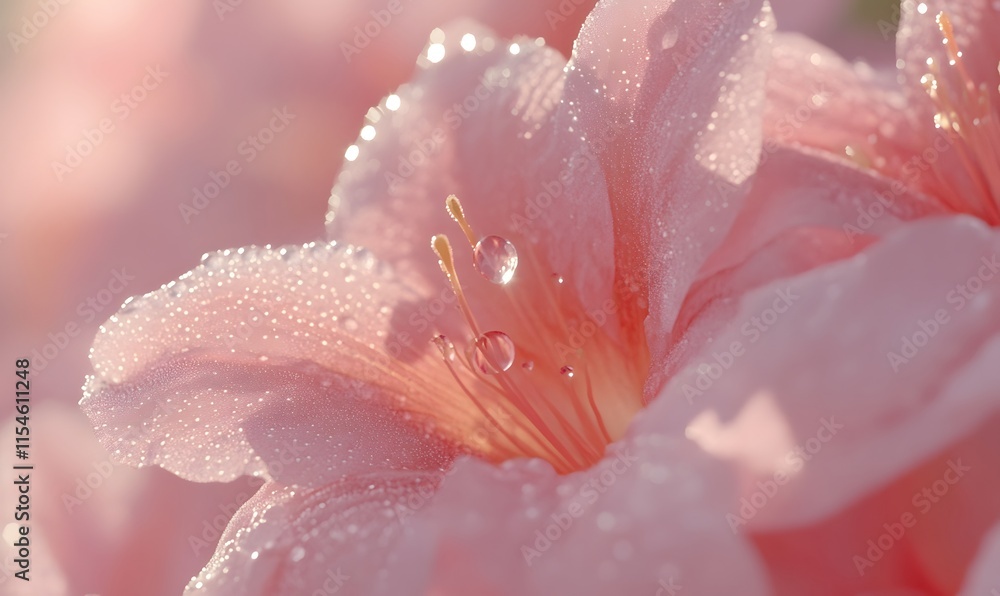 Close-up of pink azalea blossoms with dew drops. Close-up of pink azalea blossoms with dew drops.