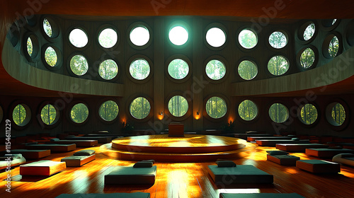 Circular hall with numerous circular windows overlooking a forest.