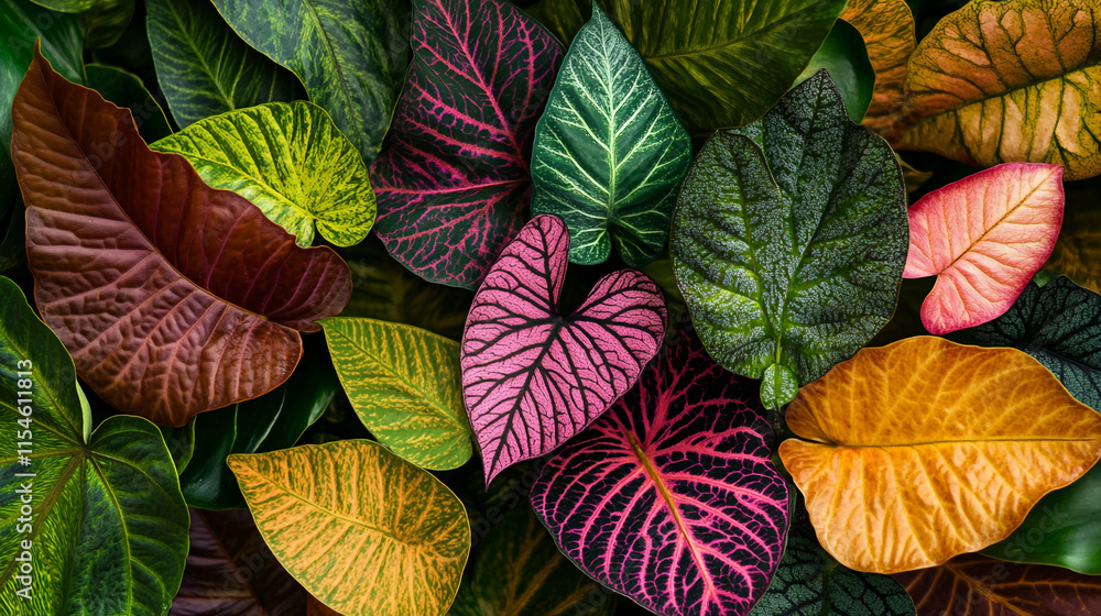 Fototapeta premium Vibrant foliage displays a range of colors in an indoor garden setting.