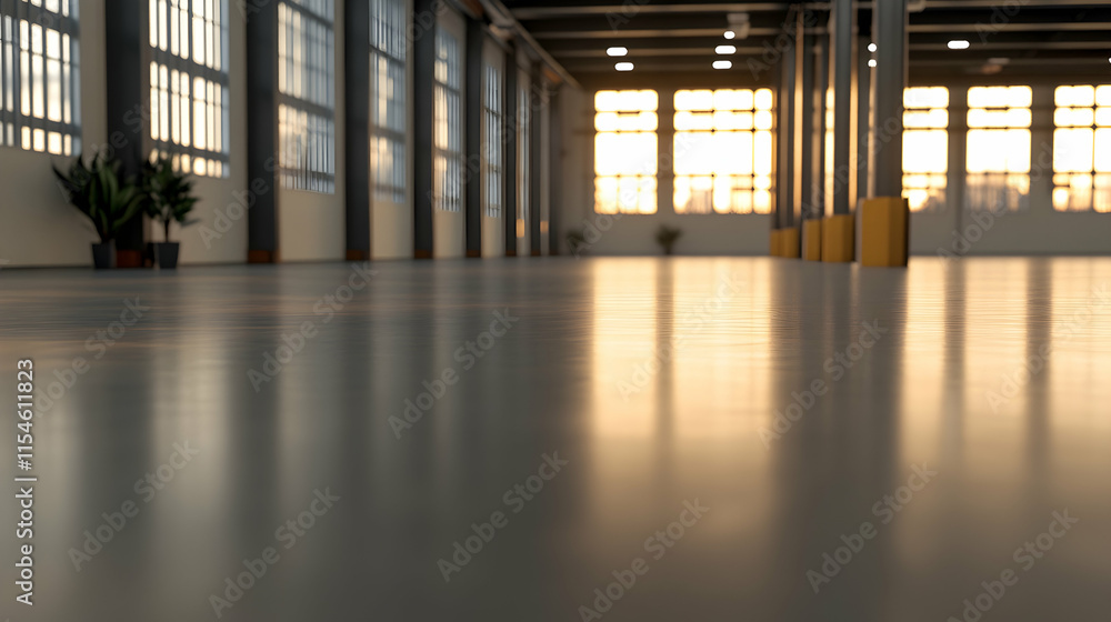 Sunset in Industrial Warehouse Interior, Polished Floor, Empty Space, Modern Building, Product Display. Sunset in Industrial Warehouse Interior, Polished Floor, Empty Space, Modern Building, Product Display.