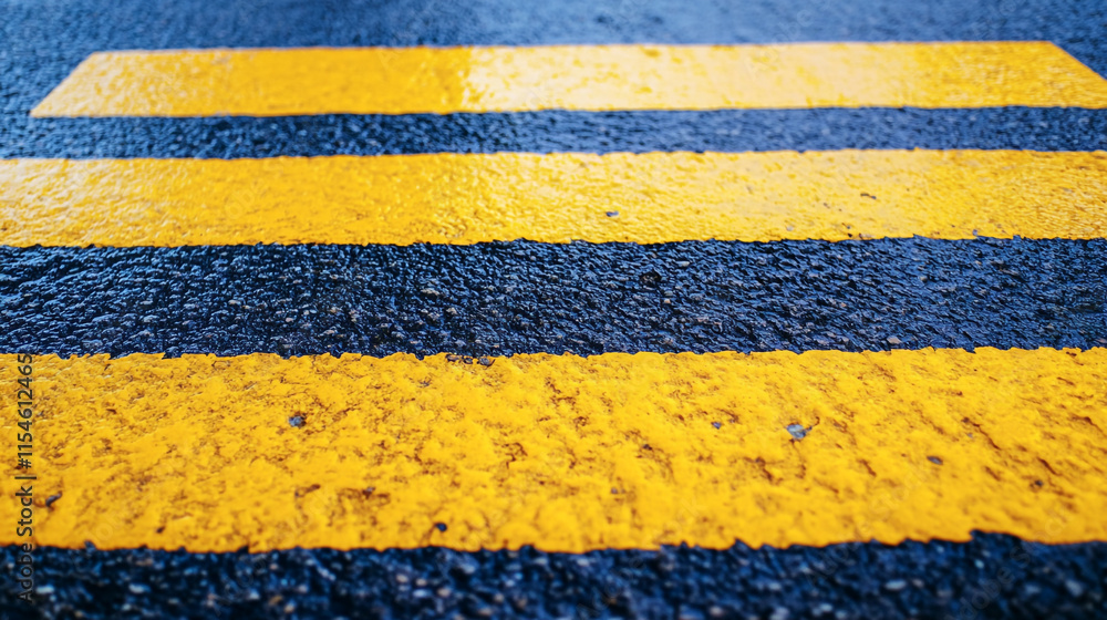 Bright yellow crosswalk stripes on a wet street during rainy weather. Bright yellow crosswalk stripes on a wet street during rainy weather.