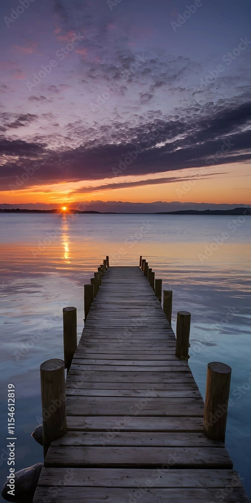 Fototapeta premium Sunset over a Calm Lake with a Wooden Pier