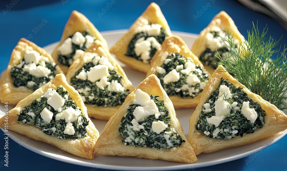 Delicious spinach and feta cheese pastries arranged on a white plate. Delicious spinach and feta cheese pastries arranged on a white plate.