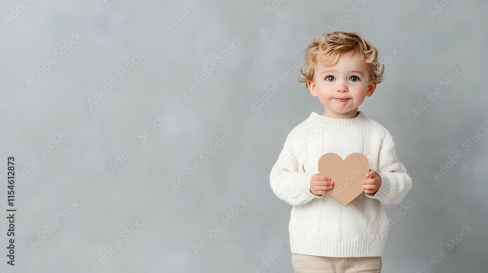 Toddler holding heart, studio backdrop, Valentine's Day card design. Toddler holding heart, studio backdrop, Valentine's Day card design.