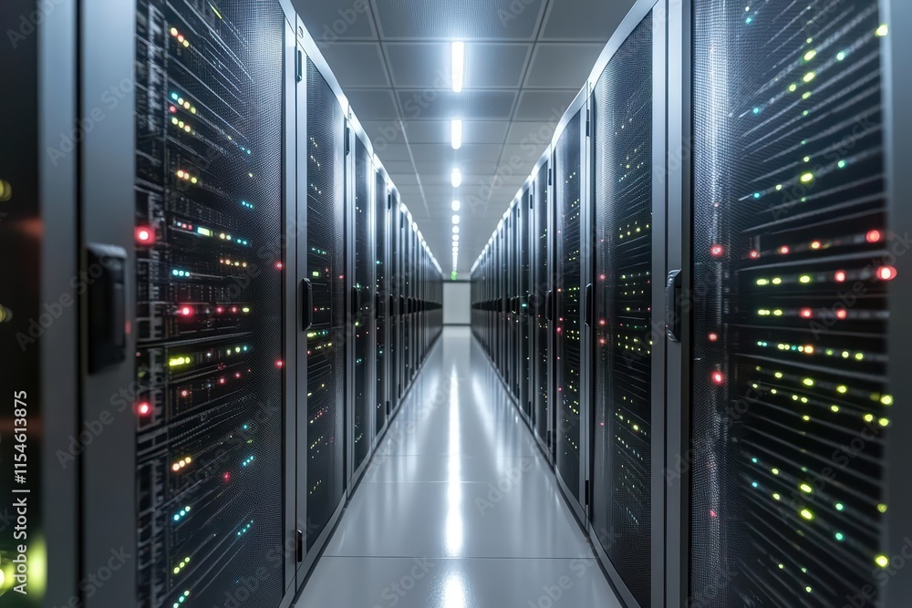 A corridor of server racks in a data center, illuminated with lights. A corridor of server racks in a data center, illuminated with lights.
