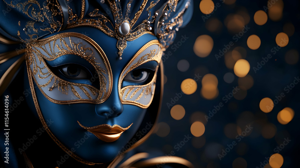 Venetian Blue Masquerade Mask, Festive Bokeh Background, Party Decoration. Venetian Blue Masquerade Mask, Festive Bokeh Background, Party Decoration.