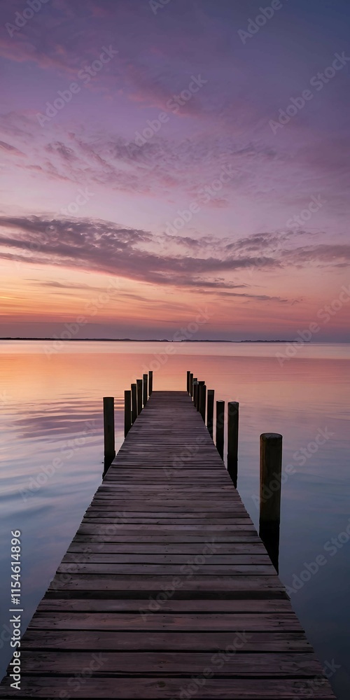 Wooden Pier Leading to a Calm Lake at Sunset Wooden Pier Leading to a Calm Lake at Sunset