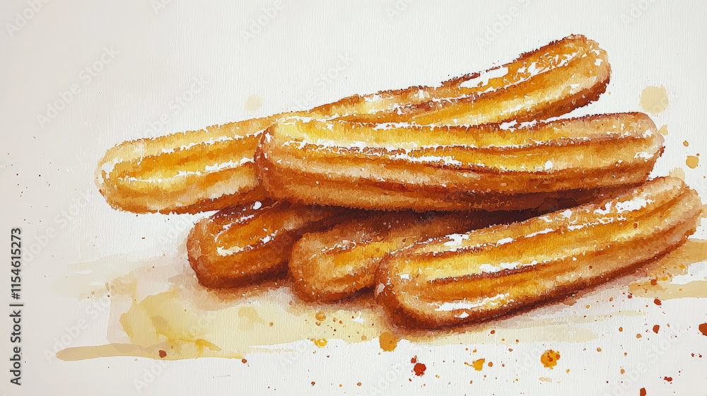 Delicious churros in loose watercolor style, evoking warmth and sweetness Delicious churros in loose watercolor style, evoking warmth and sweetness
