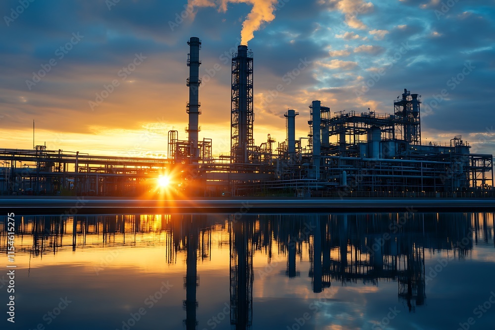 Fototapeta premium Industrial Oil Refinery at Sunset. Concept of Energy, Industry, and Manufacturing.