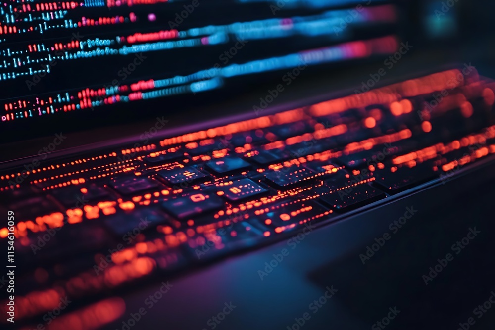 Obraz premium Close up of glowing keyboard over coding screen. Concept of programming, technology, and innovation.