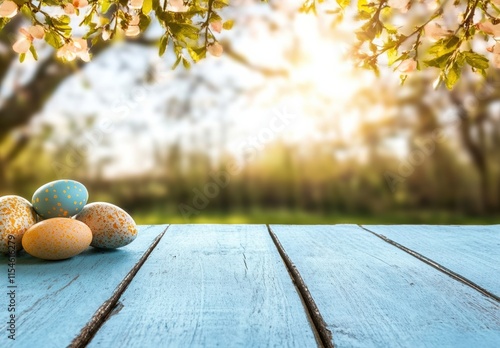 In a tranquil and serene Easter landscape, beautifully decorated and cheerful eggs are placed on a weathered blue wooden table, all while basking in the warm sunlight of a vibrant spring day photo