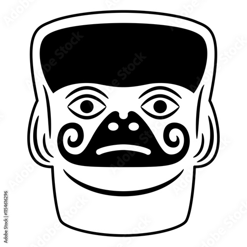 Stylized human head. Native American art of Moche Indians of ancient Peru. Mochica ethnic mask. Black and white silhouette.