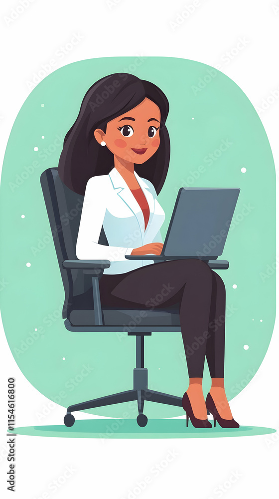 Woman working laptop office chair, green background, business illustration.