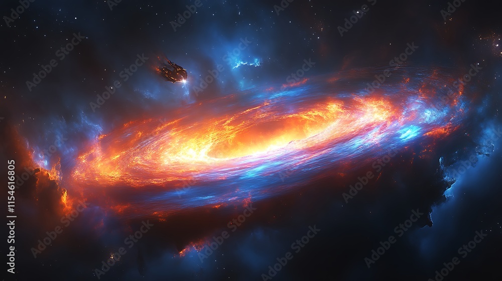 Fiery cosmic swirl with spaceship. Fiery cosmic swirl with spaceship.