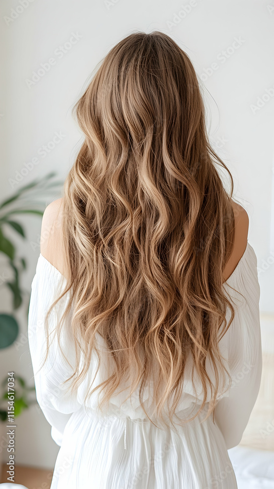 Woman's Long Wavy Blonde Hair, Back View, Bright Room, Plant Background, Haircare Advertisement. Woman's Long Wavy Blonde Hair, Back View, Bright Room, Plant Background, Haircare Advertisement.