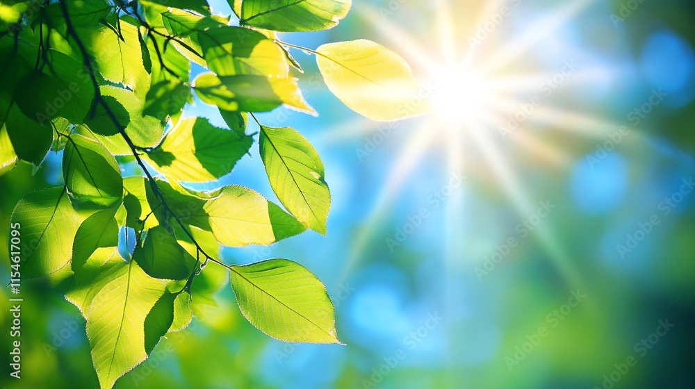 Obraz premium Sunlight filtering through vibrant green leaves in a peaceful natural setting. 