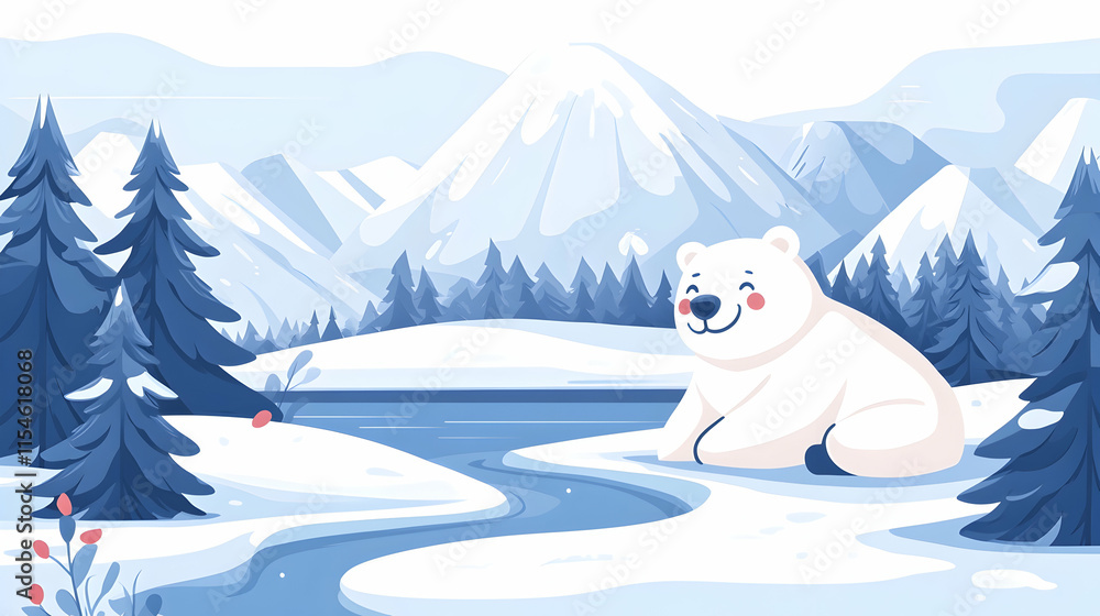 Happy polar bear relaxing by snowy river, mountain backdrop, winter wonderland scene, greeting card design. Happy polar bear relaxing by snowy river, mountain backdrop, winter wonderland scene, greeting card design.