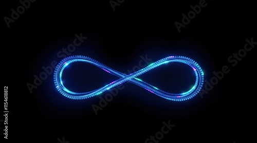 A glowing infinity symbol with vibrant blue and purple lights on a black background.