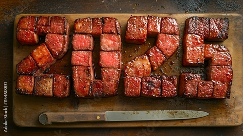 2025 sculpted from 3D grilled steak cuts, each letter marked with distinct grill lines and juicy textures, placed on a rustic wooden board with roasted vegetables and a steak knife by its side photo