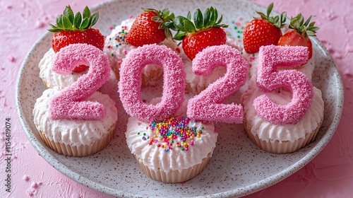 2025 Shaped from 3D Light Whipped Cream, Each Letter Adorned with Bright Sprinkles and Fresh Strawberries, Set on a Dessert Plate with a Soft Pink Pastel Backdrop Featuring Sweet Treats photo