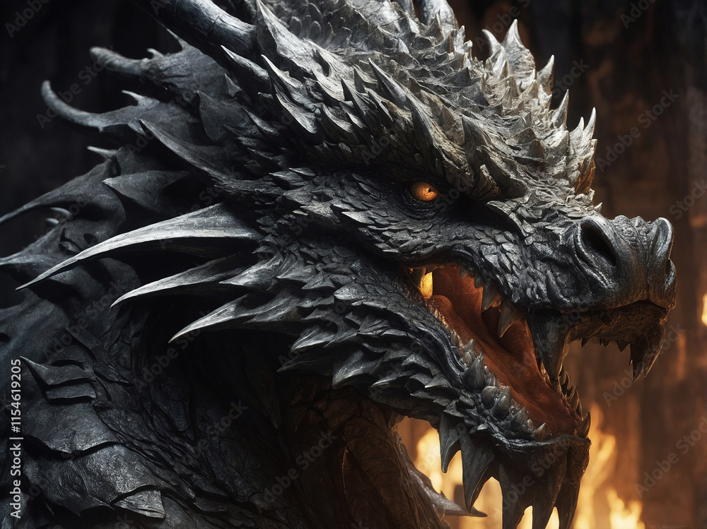 Close-up view of a dragon's face, showcasing intricate details of its textured scales, sharp ridges, and rugged skin Close-up view of a dragon's face, showcasing intricate details of its textured scales, sharp ridges, and rugged skin