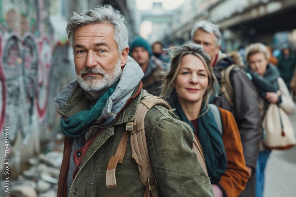 Portrait of senior man and woman with backpack walking in city street. Portrait of senior man and woman with backpack walking in city street.