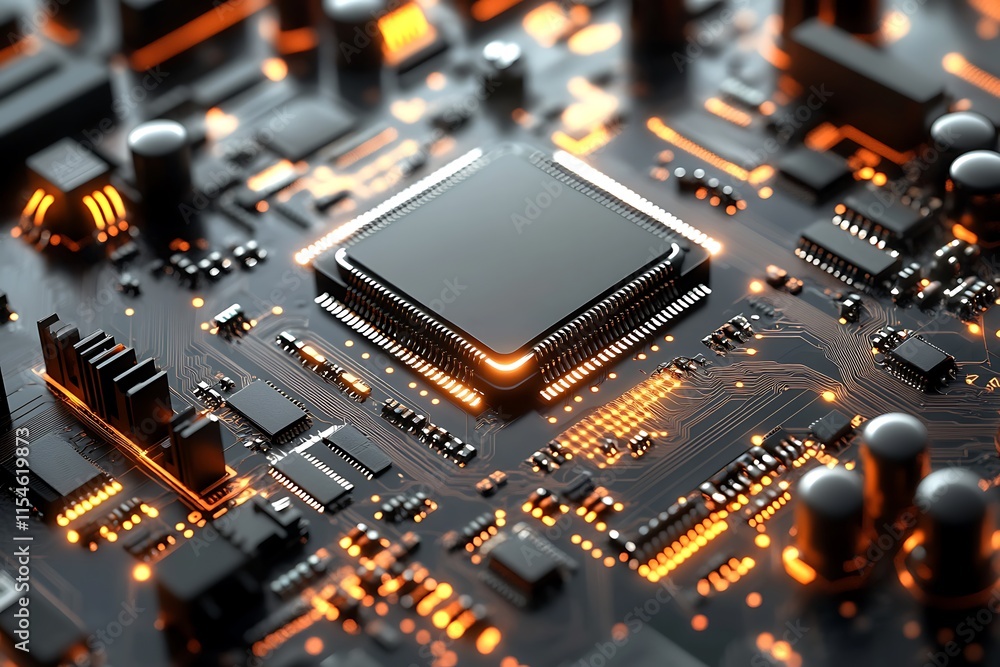 High tech circuit board with glowing processor. Concept of advanced technology, innovation, and computing. High tech circuit board with glowing processor. Concept of advanced technology, innovation, and computing.