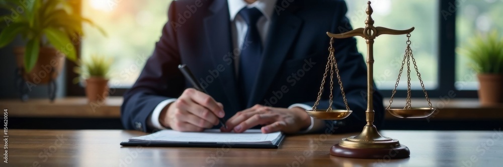 A lawyer sitting in front of a computer with a scale of justice on the desk, computer, justice A lawyer sitting in front of a computer with a scale of justice on the desk, computer, justice
