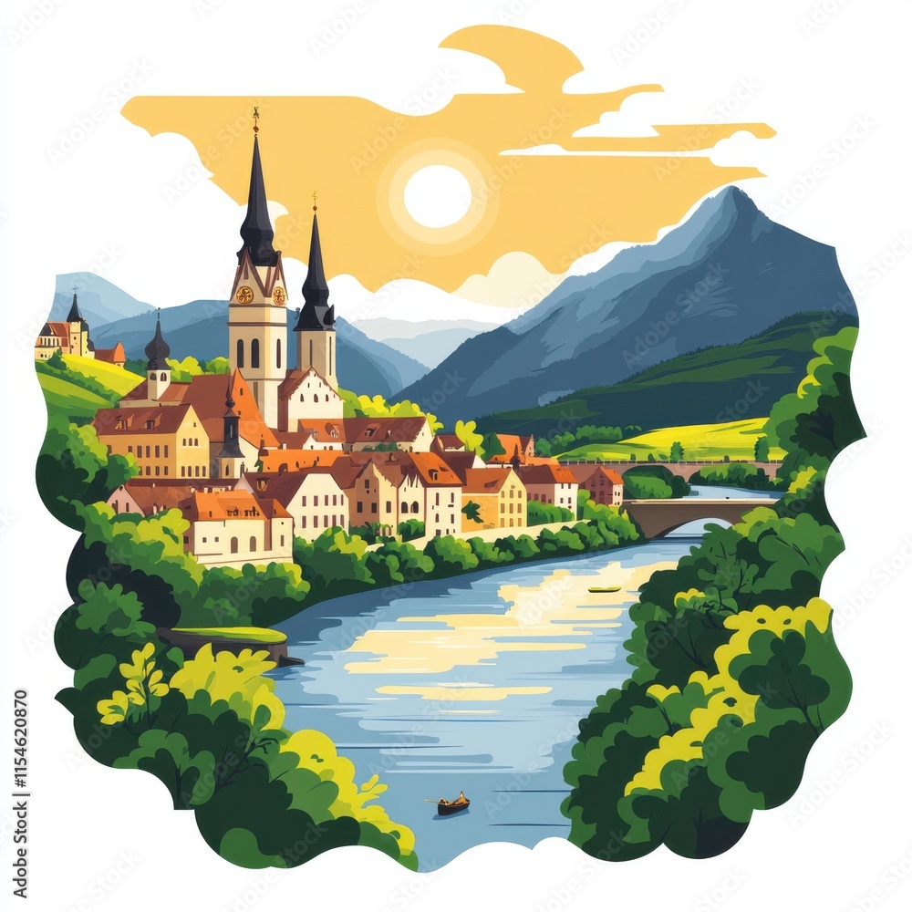 Naklejka premium A painting of a river with a bridge and a town in the background. Generative AI