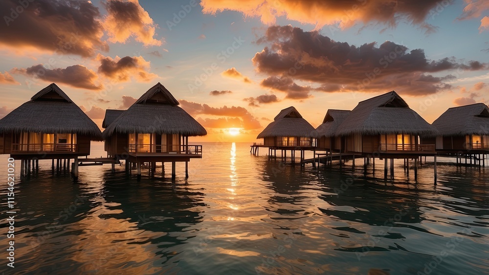 Overwater bungalows beneath a gorgeous sunset Overwater bungalows beneath a gorgeous sunset