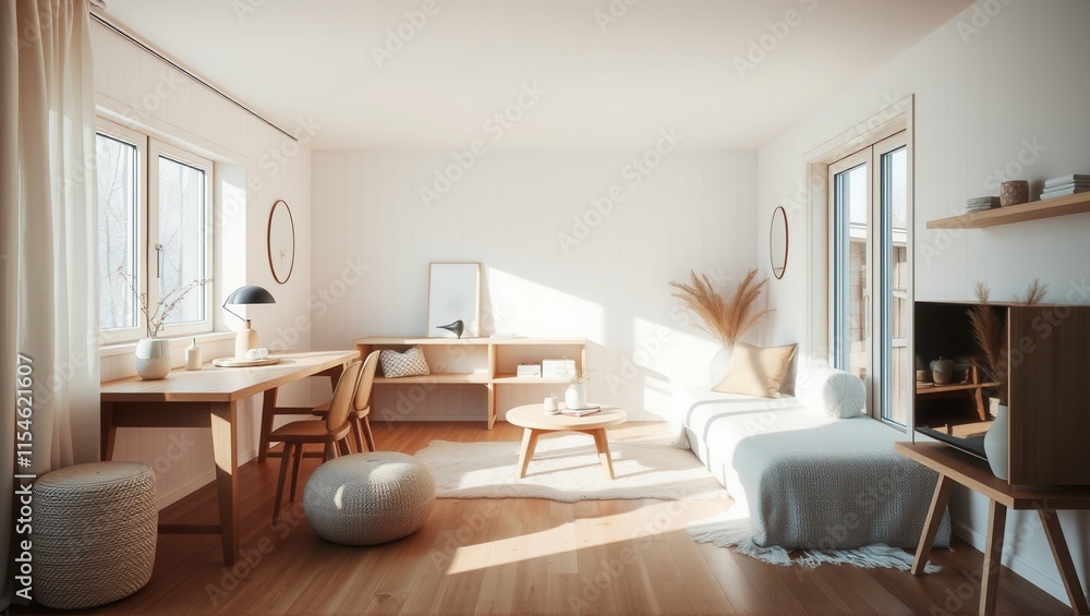 Cozy Scandinavian-style living room with wooden panel walls, neutral-toned furniture, and minimalist decor. Bright natural light fills the inviting space. Generative, AI, Cozy Scandinavian-style living room with wooden panel walls, neutral-toned furniture, and minimalist decor. Bright natural light fills the inviting space. Generative, AI,