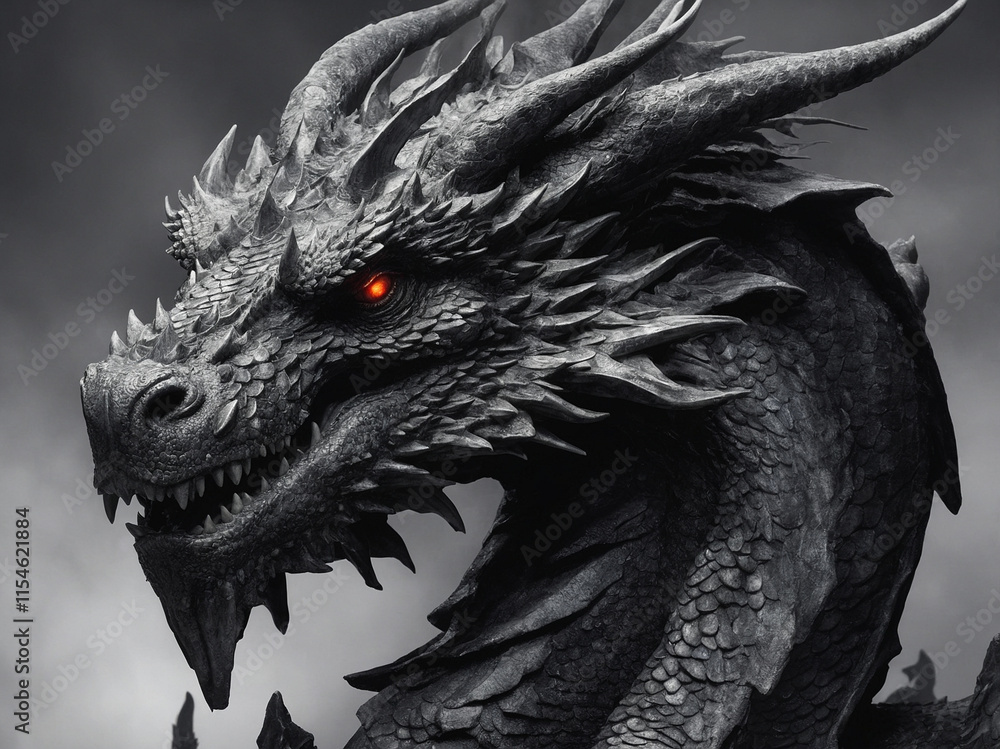 Close-up view of a dragon's face, showcasing intricate details of its textured scales, sharp ridges, and rugged skin Close-up view of a dragon's face, showcasing intricate details of its textured scales, sharp ridges, and rugged skin