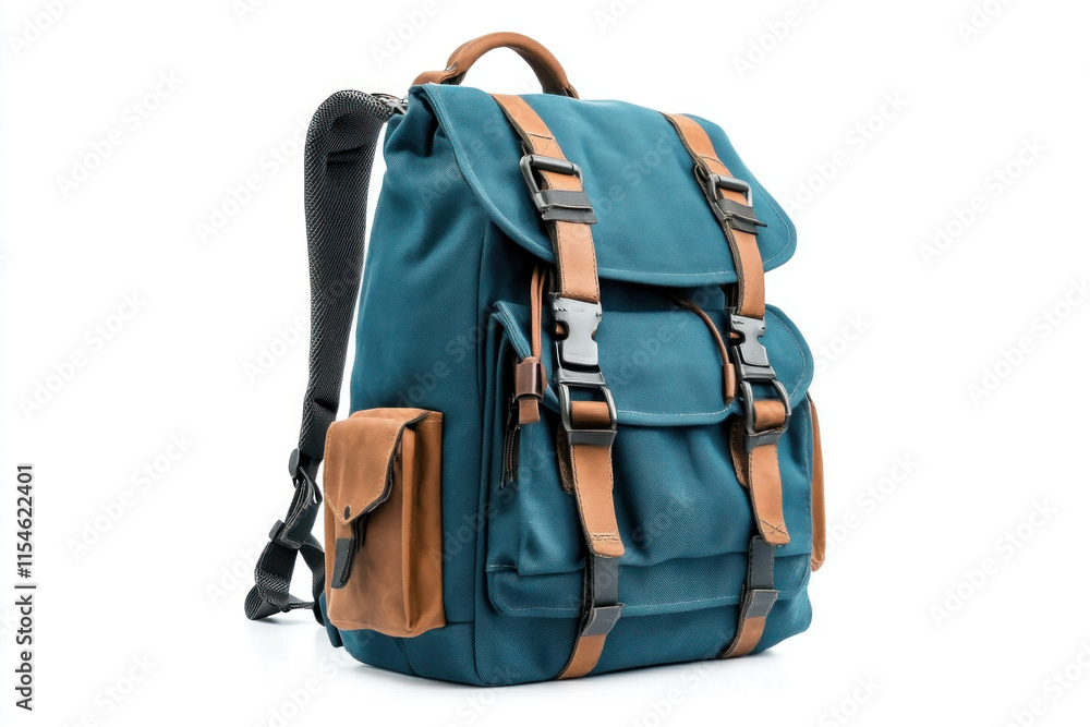 Backpack with leather handle on rustic wooden table next to a vintage camera and a notebook, framed by a soft, natural light. Backpack with leather handle on rustic wooden table next to a vintage camera and a notebook, framed by a soft, natural light.