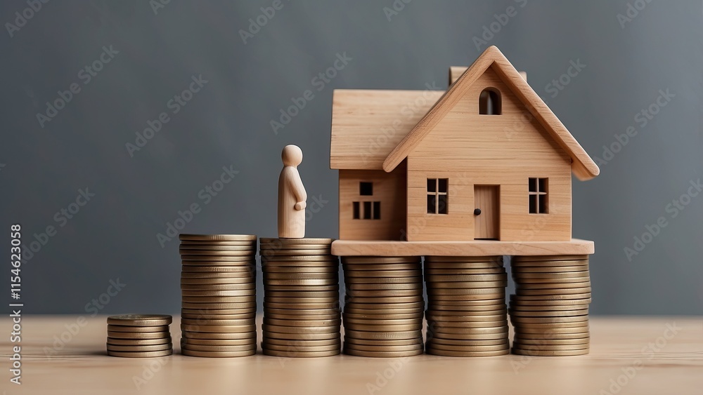 Stacks of cash and a wooden home figurine on board Stacks of cash and a wooden home figurine on board