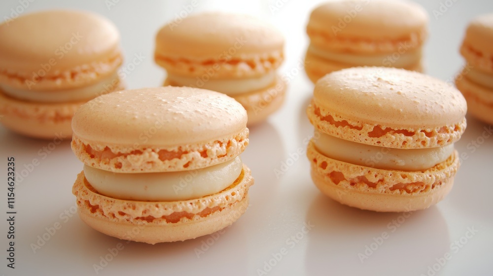 Peachtoned macaroons displayed in rows on matte surface for elegant dessert presentation Peachtoned macaroons displayed in rows on matte surface for elegant dessert presentation